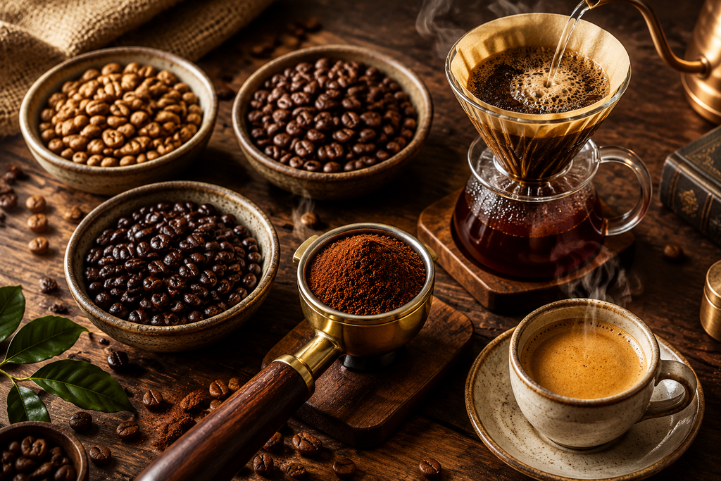 عکس از سه ظرف قهوه وv60 به همراه کتل در حال ریختن آب جوش روی قهوه